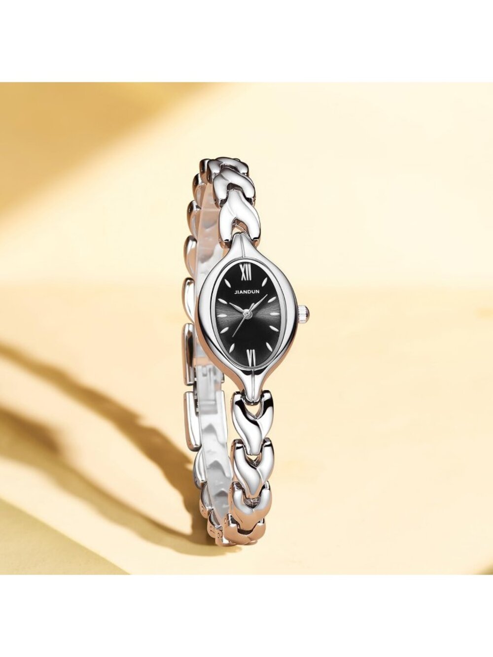 Women's Silver Black Analog Quartz Stainless Steel Vintage Oval Bracelet Watch - Picture 5 of 6